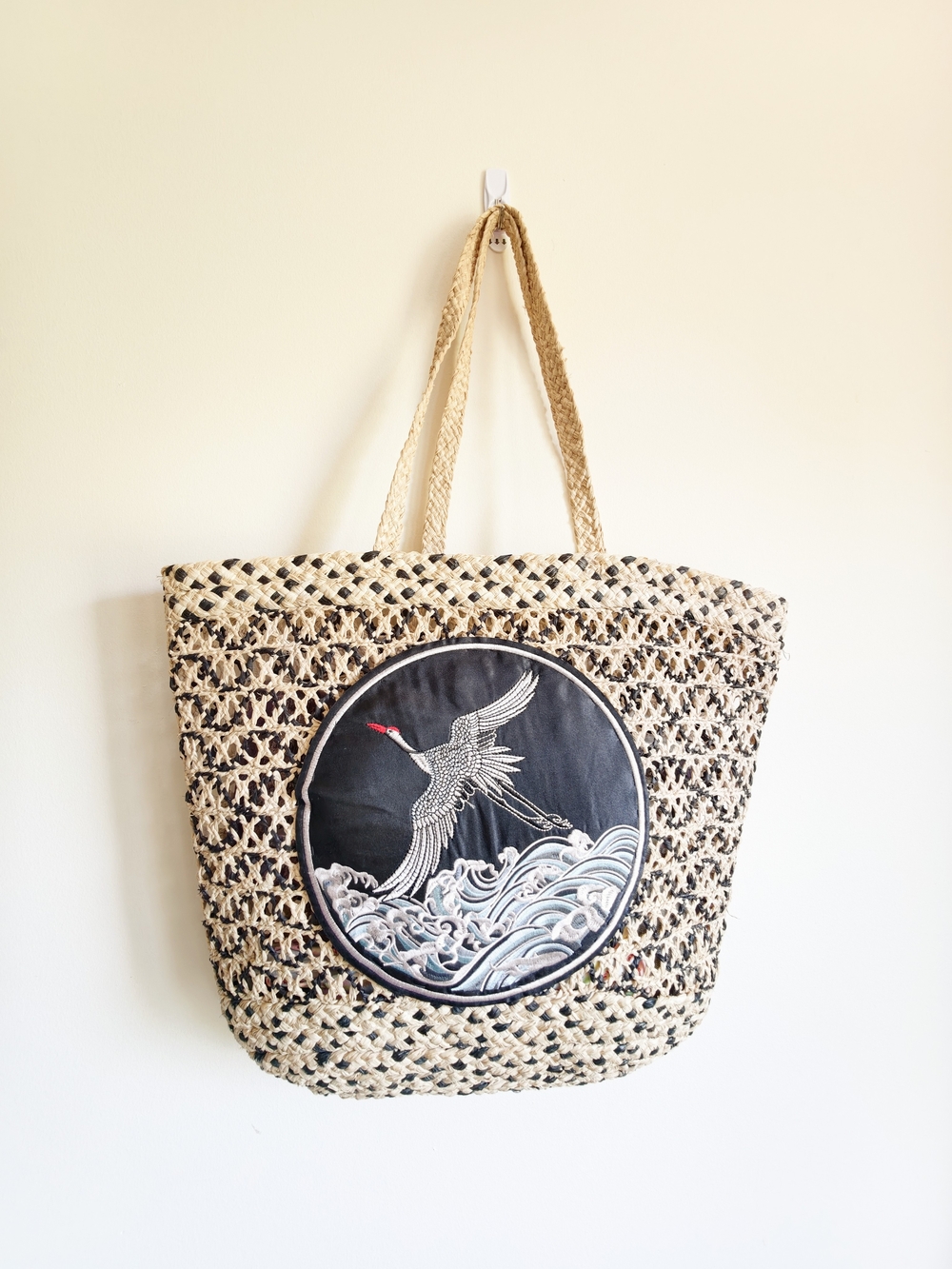 Raffia Woven Tote Bag with Crane Embroidery - 100% Natural Straw